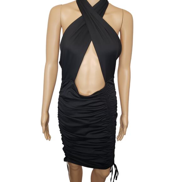 Munya5add New Blush Mark Ruched Midi Dress Black Halter Tie Back Criss Cross L - Picture 1 of 12